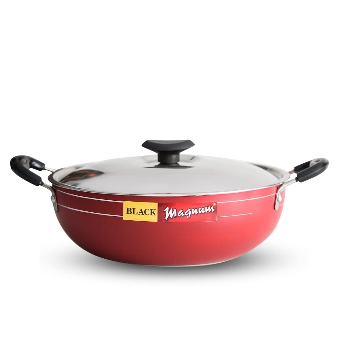 Black Magnum Basics IBKDNL-3, 4 Litre Deep Fry Pan, Nonstick Deep Kadai with Lid, Flat Bottom Kadhai, Red
