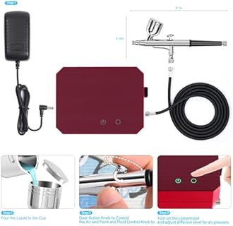 Gocheer Airbrush Kit with Air Compressor, 48 PSI High Pressure Air Brush Non-Clogging with 0.2/0.3/0.5mm Nozzle/Cleaning Sets, Ideal for Painting, Modeling, Cake Decor, Pastry, Makeup (Red)
