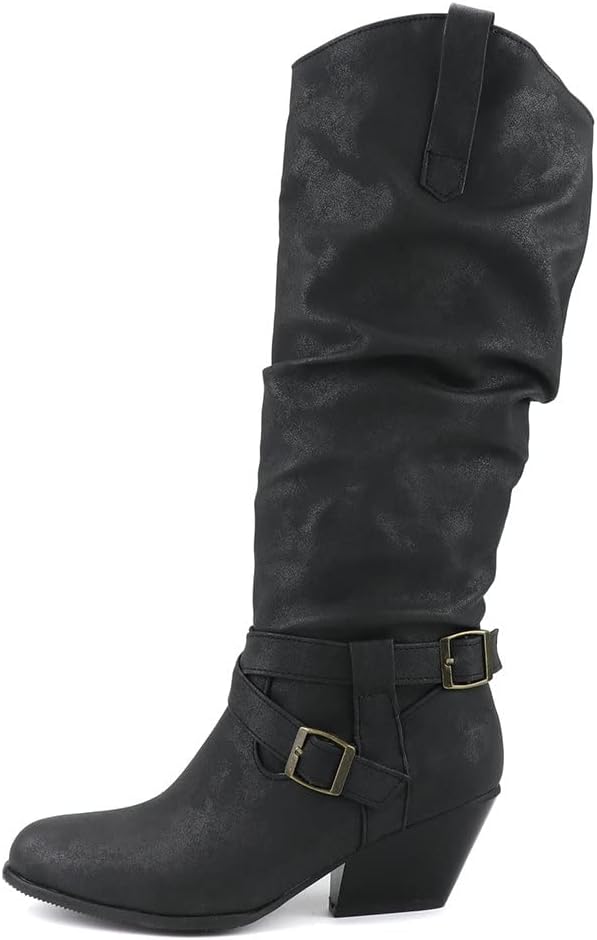Shinelly Women Wide Calf Riding Knee High Slouch Boots Chunky Heel