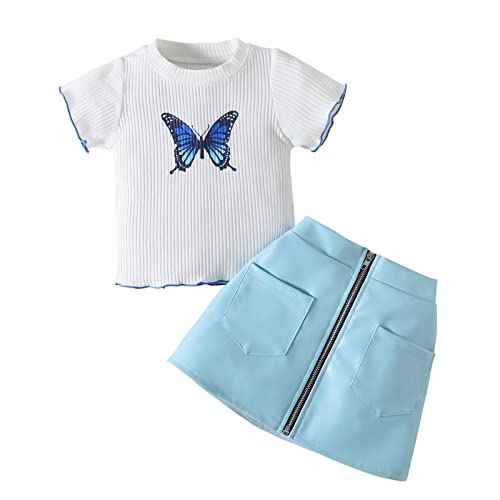 Camiseta infantil infantil infantil de manga curta com babados borboleta canelada tops de couro PU c