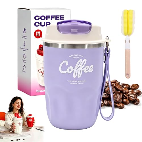 Image of Coffee Vacuum Flask, 12 OZ Insulated Coffee Travel Mug with Led Digital Temperature Display, Coffee Travel Mug Spill Proof with Carry Cord for Keep Hot /Ice Coffee,Tea and Beer (1pc-purple-base)