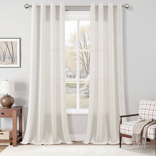 Image of Nanspring Cream Linen Curtains 90 Inches Length for Living Room Dining Room Sunlight Filtering Minimalist Room Decor Grommet 2 Panels Window Sheer Curtain Modern Boho Neutral Muslin Look Drapes 52x90