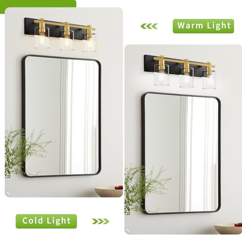 Image of Bathroom Vanity Light,3 Light Matte Black and Gold Light Fixture with Thickened Clear Glass Shade, 21 inch Modern Wall Sconce, Bathrooms Vanity Light Over Mirror for Bathroom