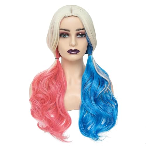 PORSMEER Pink and Blue Long Curly Wigs for Women Cosplay Halloween Party Show Daily use Wig synthetic fibers Women Suicide Squad Harley Quinn Wig (Harley Quinn) - Image 2