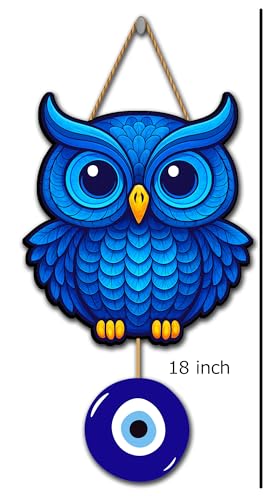 Image of Genxtra Blue Owl Wall Hanging with Evil Eye Charm | Wooden Home Decor for Positive Energy & Protection | Perfect Wall Art for Living Room, Bedroom, Office & Gift for Housewarming or Diwali