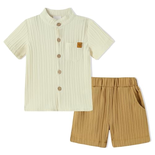 Image of WESIDOM Toddler Boy Clothes Button-Down Shirts+Short Sets Boy's 2 Piece Beach Outfits with Pockets 18M-7Y