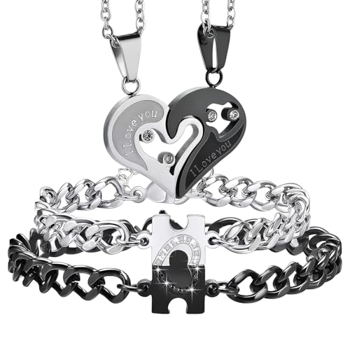 MIFXI 2sets Couples Matching His and Hers Heart Pendant Bracelets Necklaces
