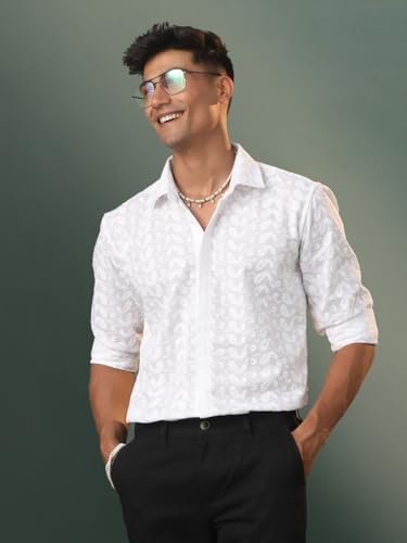 Image of VASTRAMAY Men's Cotton Ethnic Shirt I Slim Fit Solid Chikankari Regular Shirt I Everyday Casual Summer Ease Long Sleeves Shirts
