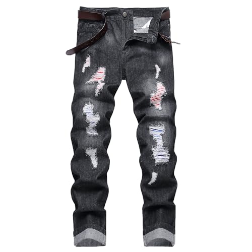 Image of Men's Ripped Slim Fit Jeans Straight Leg Denim Pants
