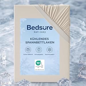 Bedsure Spannbettlaken 140x200cm kühlendes Bettlaken - Sommer Spannbetttuch bis 40cm für hohe Matratzen, Boxspringbett, Oeko-TEX Zertifiziert Q-MAX 0.4-Kühlstoff sorgt, Beige