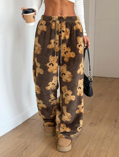 Image of ZAFUL Women's Fuzzy Plush Pajama Pants Wide Leg Pj Bottoms Lounge Pants | Soft Fluffy Sleep Pants Drawstring Elastic Waist Teddy Pjs for Women No Pockets