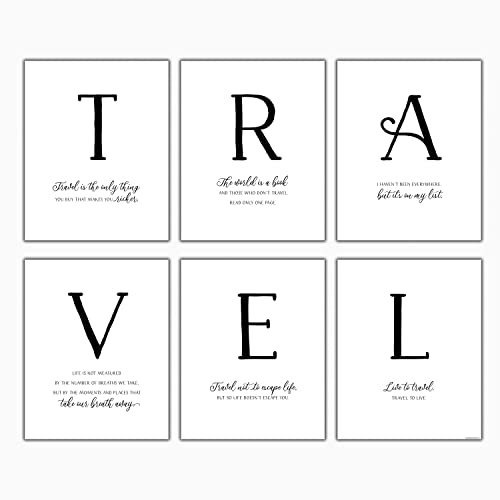 Stamp My Passport Travel Wall Art Set – 6 Unframed 8x10 Prints, Black and White Travel Quotes Decor for Bedroom, Office, Nursery, and Adventure-Themed Rooms