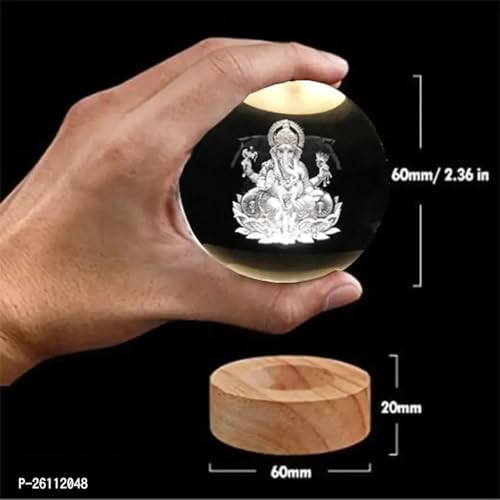 Image of 3D Crystal Ganesh Ji Lamp Engraved LED Globe Lamp, USB Wooden Base, Warm White Table Light for Temple Home & Office Decor, Birthday & Anniversary Gift (6cm)
