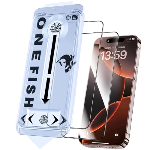 Image of OneFish Screen Protector for iphone 15 Pro Max, 9H Hardness Glass Scratch Resistant,HD Clarity Tempered Glass Film with Installation Frame,Bubble Free, Easy Installation,2Pack.
