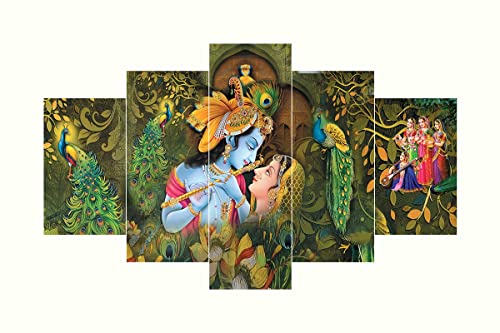 CIRCADIAN Beautiful Canvas Wall Art Peacock Krishna - Canvas Wall Art, Peacock Krishna Canvas Wall Art Canvas Painting HD Print Home Wall Hanging 5 Pieces(Leaf Green)