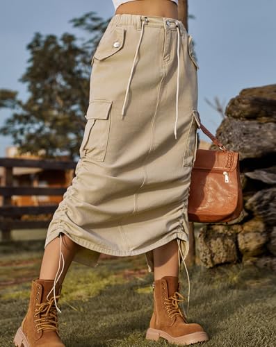 Women Cute Y2k Denim Midi Cargo Skirt Casual High Waisted Ruched Drawstring Slit Long Jean Skirt with Pocket2