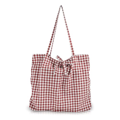 Energather Bolsa muerta, bolso de algodón para mujer, bolso grande de la compra para mujeres y niñas, bolsos de hombro ligeros para mujer con patrón de cuadros para compras, citas, viajes, rojo, small