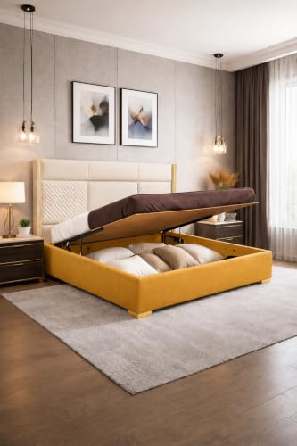 Image of Royal Modern Upholstered Queen Size Bed with Hydraulic Storage for Bedroom | Wooden Double Beds for Home & Hotels | Platform Cot Bed with Upholstery Fabric, 6.5 x 5 Ft | Sheesham, White-Gold