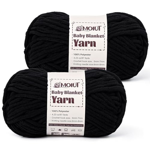 Image of Fluffy Chunky Yarn for Crocheting, Chenille Crochet Yarn 6 Super Bulky, 2 Pack of 87.9 yds /4.23 oz Baby Blanket Yarn, Soft Velvet Yarns for Knitting Amigurumi&DIY Crafts /Hats /Socks(2 Black)