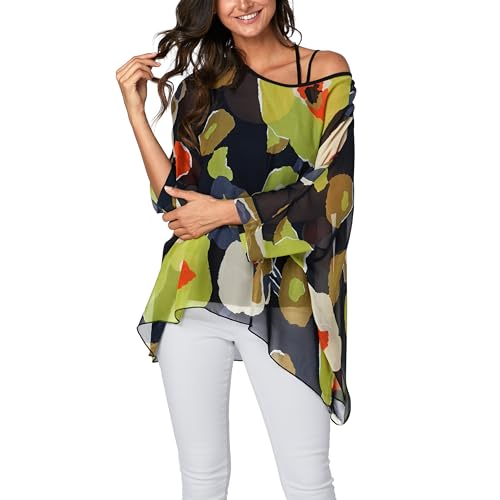 FINIZO Plus Size Floral Chiffon Tunics Blouses for Women Batwing Summer Boho Shirts Beach Cover ups