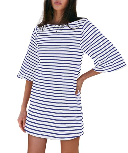 Image of Yousify Women's T Shirt Dress Cotton Summer Dresses 2026 Casual Loose Short Sleeve Striped Mini Dress with Pockets