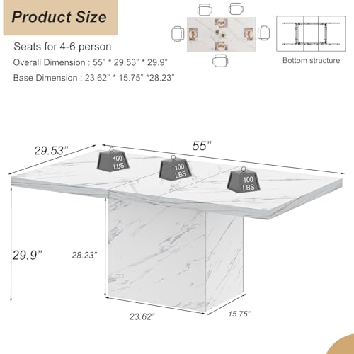 Image of HSH 55 inch White Faux Marble Dining Table for 4, Rectangle Dining Room Table | Modern Kitchen Table with a Heavy-Duty Pedestal Base, Seats 4, Ideal For Meals, Work and Gatherings, Table Only