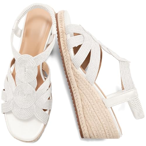 HARENCE Wedge Sandals for Women Espadrilles: Comfortable Platform Elastic Ankle Strap Wedges Heels Dressy Open Toe Summer Wedding Shoes