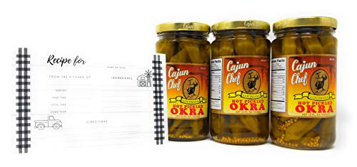 Cajun Chef Pickled Okra HOT Style - 3 x 12 Oz Jars of Cajun Chef Hot Okra Pickled, Spicy Hot Okra by Cajun Chef, Bundled with Recipe Card
