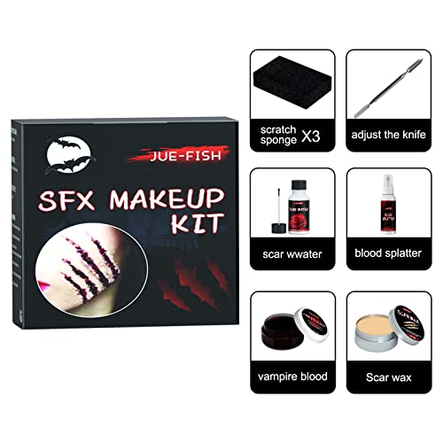 Halloween Special Effects SFX Makeup Kit, Scar Wax Blood Kit, Fake Skin Halloween Special Effects Wound Modeling Skin Wax with Spatula, Stipple Sponge, Fake Blood Splatter Spray