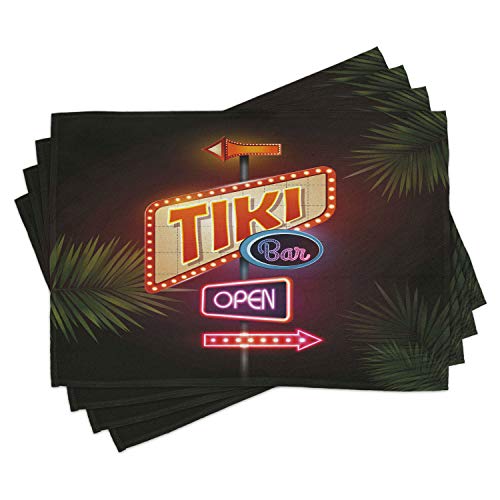 Ambesonne Tiki Bar Place Mats Set of 4, Old Fashioned Neon Signs Illustration of Open Bar Palm Tree Branches Roadside, Washable Fabric Placemats for Dining Room Kitchen Table Decor, Multicolor