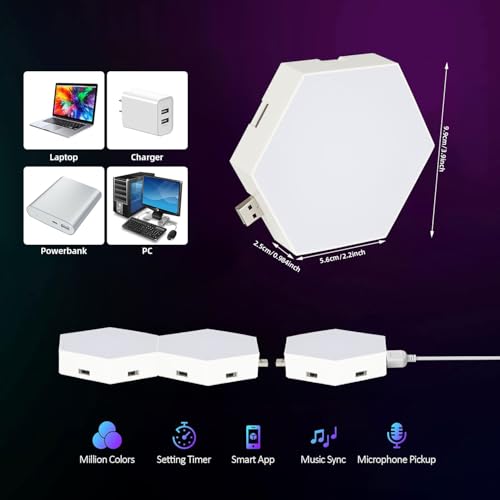 Image of Vcwtty Hexagon Lights Wall Panels, Smart LED Wall Lights with APP, DIY Modular Assembled Music Sync RGB Gaming, Hex Light with USB-Power for Autism, Game Room Decor, Party (6-Pack)