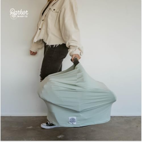 Image of Parker Baby 4 in 1 Car Seat Cover for Girls and Boys - Stretchy Carseat Canopy, Nursing Cover, Grocery Cart Cover, High Chair Cover - Sage