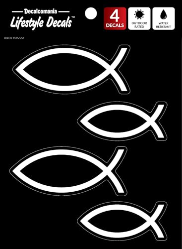 Christian Fish Car Decals - Set of 4 Black White Religious Stickers for Car or Truck Window Icthus Jesus Fish Car Emblem Christian Fish Symbol for Car