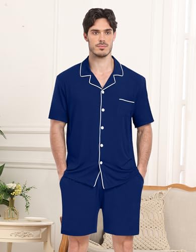 Matching Pajamas Set for Couples Women Men Short Sleeve Sleepwear Button Down 2 Pcs Loungewear,Navy Blue-XXXL2