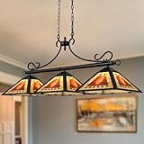 TOCHIC Pool Table Light - 49.5' Farmhouse Chandelier With 3 Tiffany Lights for Dining Room, Billiard Tables, Game Room, Basement, Bar - Rustic Leaves Fixture for 7, 8, 9 ft Tables