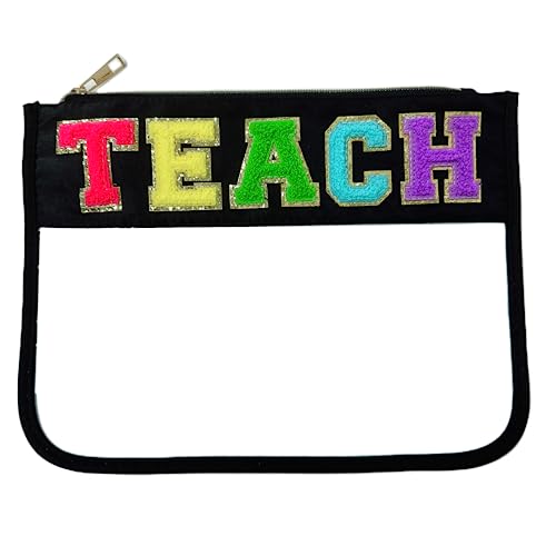 Teacher Appreciation Gifts Clear Makeup Letter Bag Pencil Bag Chenille Letter Patches Makeup Zipper Pouch Graduation Retirement Birthday Teacher Gifts for Women(Teach-black)