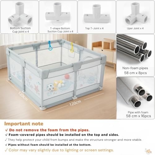 Image of 120x120 cm Playpen for Baby up to 3 Years with Safety Lock & Anti-Fall Grasp Rings (No Ball /No Mat, Non-Foldable) - Grey