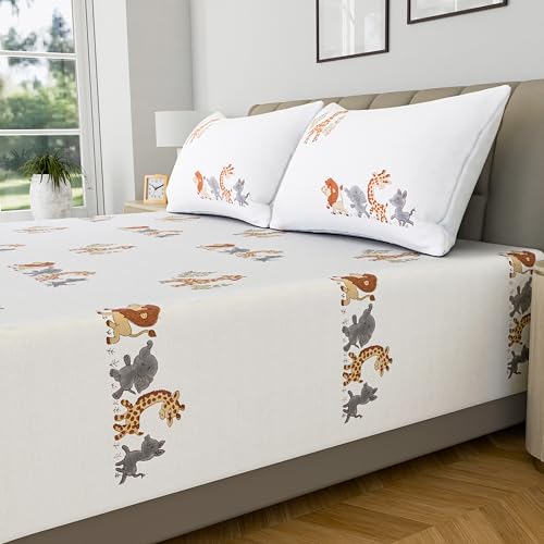 Image of LINENWALAS 100% Cotton Bed Sheet for Single Size Bed, Animal Printed Single Bedsheet for Childrens Room with 1 Pillow Covers | 210 TC Soft, Breathable, Luxury Bedsheet (Jungle Safari, 60 x 90 Inches)