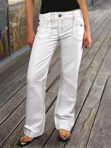 Flamingals Straight Leg Pants for Women Contrast Stitch Patch Pocket Mid Rise Pants2