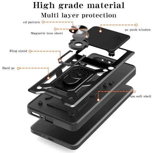 Image of Casodon Heavy Duty Back Case Cover for Oppo A5 Pro 5G, Shockproof Oppo A5 Pro Back Cover, Ring Case with Kickstand and Camera Protection Shutter - Black