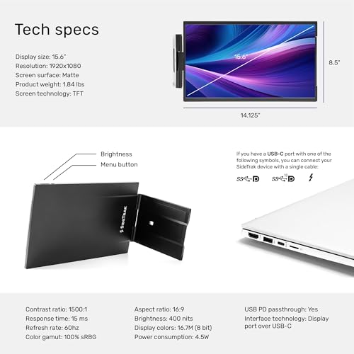 Image of SideTrak Swivel 15.6 inch Attachable Portable Monitor for Laptop | FDH TFT Laptop Dual Screen | Mac, PC & Chrome Compatible | Swivel Hinge Laptop Screen Extender | USB-C Port