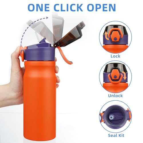 Image of BJPKPK 18 oz Water Bottle with Straw & Handle, Insulated Stainless Flask | Leak Proof Locking Lid, Thermal, Double Wall Vacuum, Keeps Hot /Cold, BPA Free, Dishwasher Safe, Travel & Sports, Orange