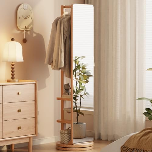 Image of WoodsWhisper Full Length Mirror Coat Rack Solid Wood Floor Mirror 66 inchx12 inch Full Length Mirror with Stand Long Mirrors for Bedroom,Living Room (Natural, 66 inch Lx12 W)