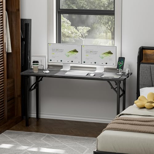 Image of TEMI Small Computer Desk Folding Table - No Assembly, Compact 55.1 inch Foldable Desk with Power Outlets & USB Charging Port, Portable Small Office Desk, Ideal Mini Study Table, Marble Greige