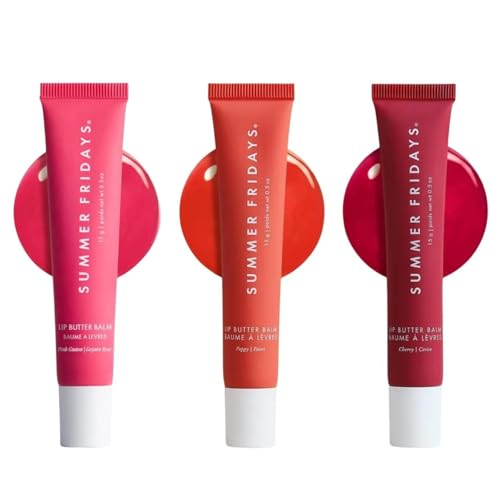 Image of Summer Fridays Lip Butter Balm Summer Fruit Trio - Tinted Hydrating Lip Balm for Instant Moisture + Glassy Shine - Vegan Skincare Makeup with Shea Butter - Set Includes Pink Guava, Poppy, + Cherry