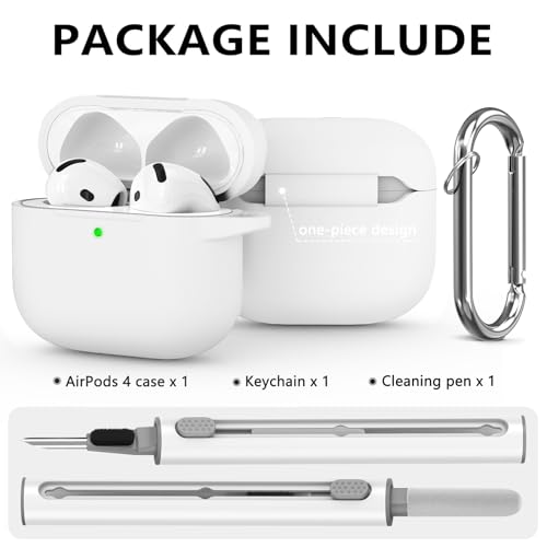 Image of Ljusmicker for AirPods 4 Case 2024 with Cleaner Kit,White | Soft Silicone Protective Cover for Apple AirPods 4th Generation Case with Keychain for Women Men,Shockproof
