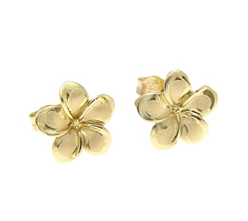 14K solid yellow gold Hawaiian 11mm plumeria flower stud post earrings