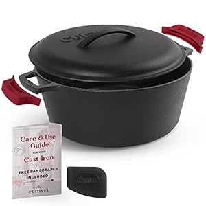 Cuisinel Cast Iron Dutch Oven – 7-Quart Deep Pot + Lid + Pan Scraper + Handle Covers – Large Pre-Seasoned Cooker for Baking Bread, Soup, Frying – Indoor/Outdoor Kitchen, Camping, Fire, BBQ Safe