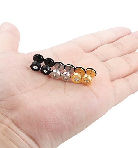 FIBO STEEL 3-4 Pairs Stainless Steel Mens Stud Earrings for Men Women Ear Piercing Plugs Tunnel4