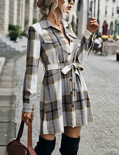 Image of SeekMe Women's Long Plaid Shirt Jacket Shacket Lapel Button Down Woolen Blend Casual Tartan Over Shirt Trench Coat